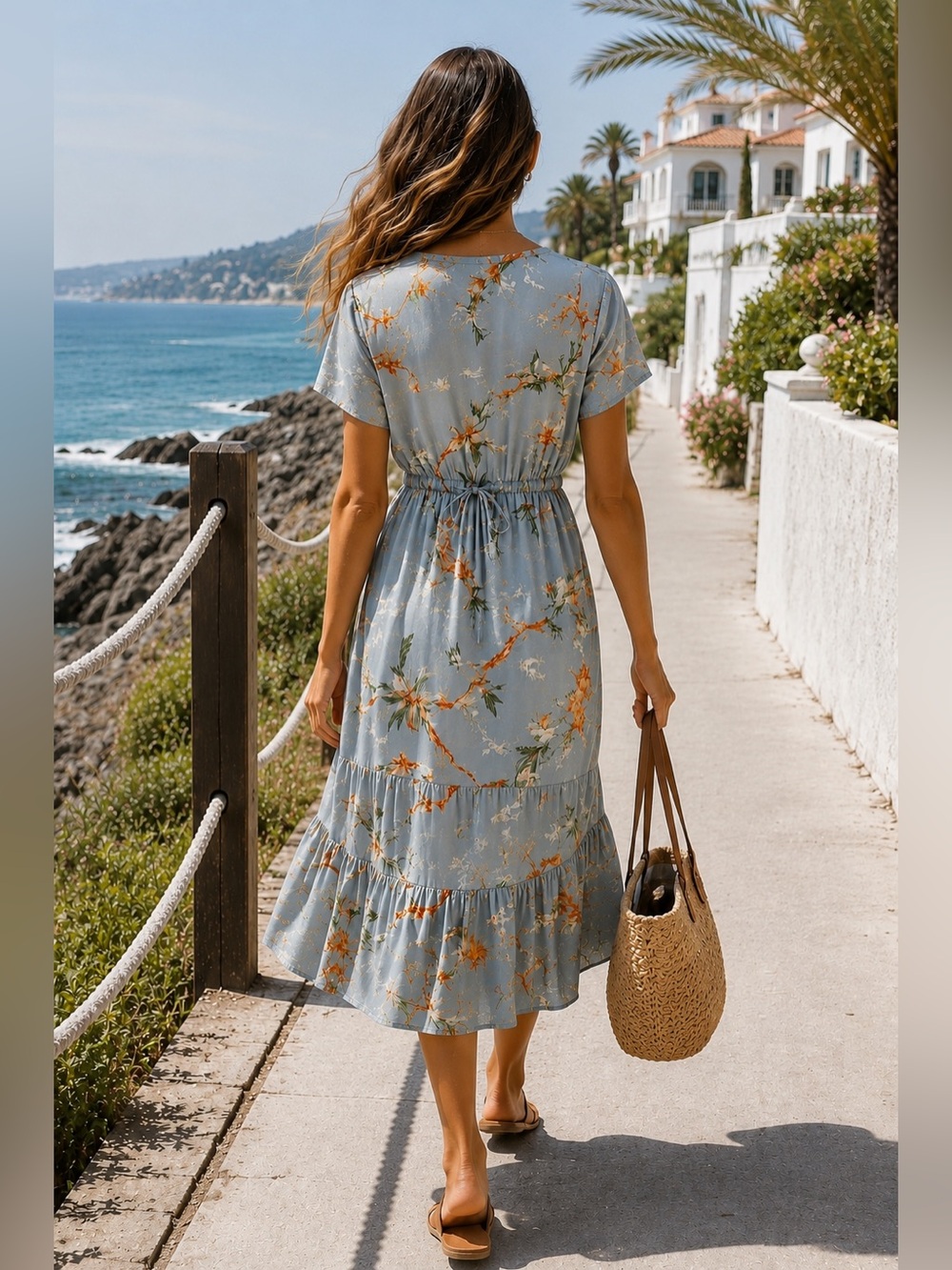 ANKO Floral V-Neck Button Front Tie Waist Midi Dress Blue Grey Sz 2 Ruffle - Picture 3 of 16
